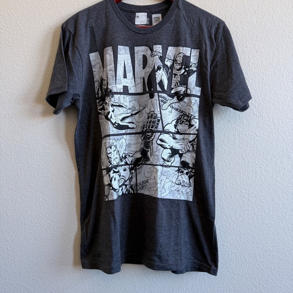 Marvel Comics Men Medium Dark Heather Gray Graphic Tee Spider-Man Hulk Iron Man